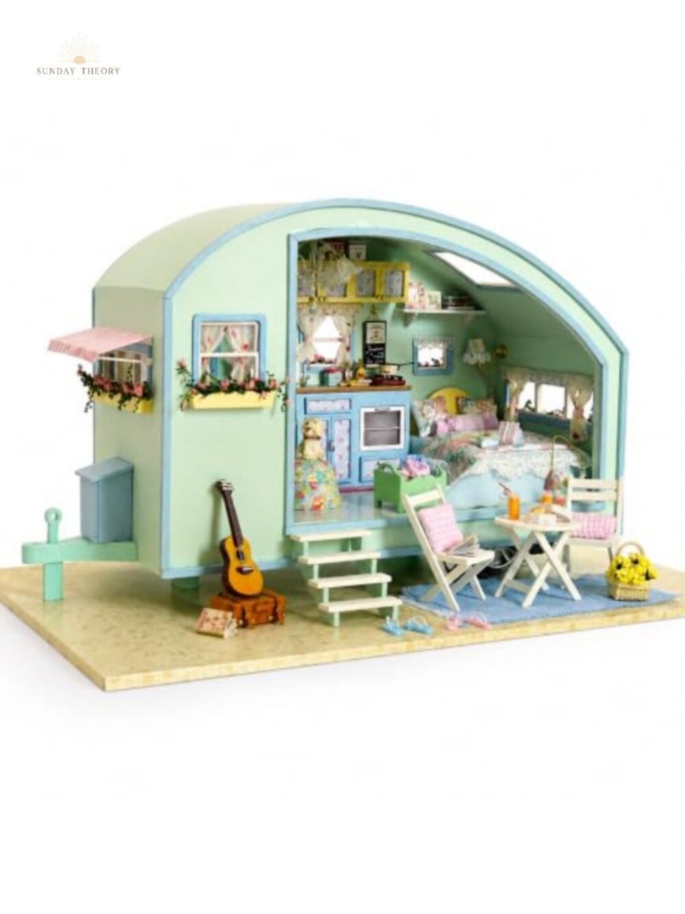 DIY Miniature Wooden Caravan Dollhouse Kit LED Lights Music Box Craft